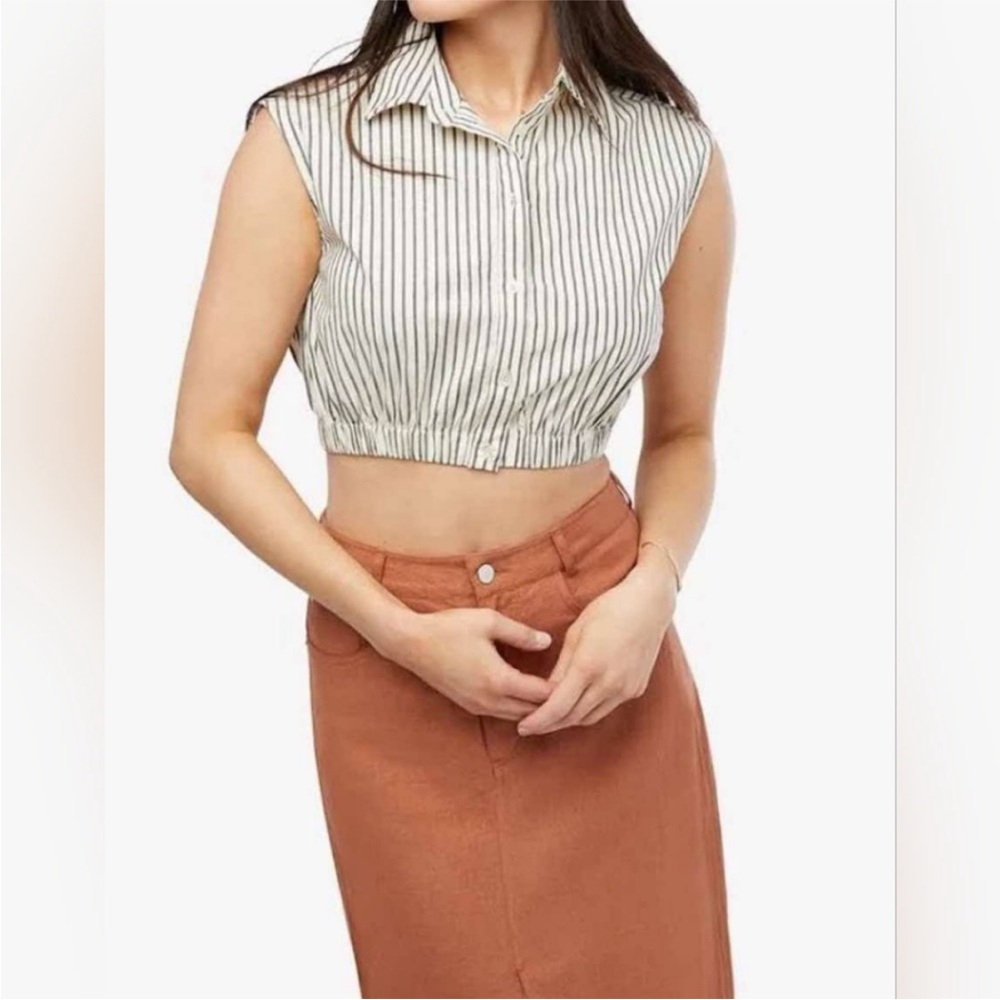 WeWoreWhat Sleeveless Popover Shirt Crop‎ Blouse Antique White Stripe Size S